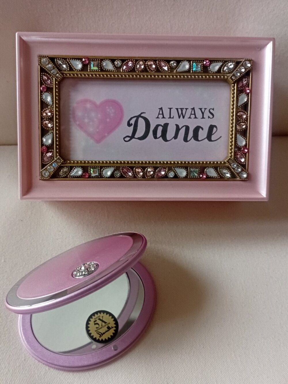 Pink Jewelry Music Box With Rhinestones And A Matching Compact Makeup Mirror